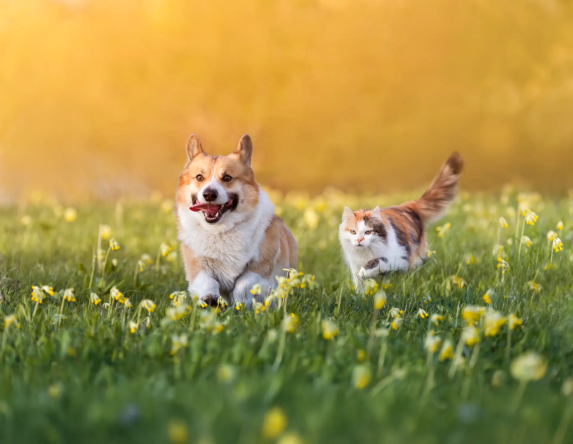 Dog and cat running in a field of flowers